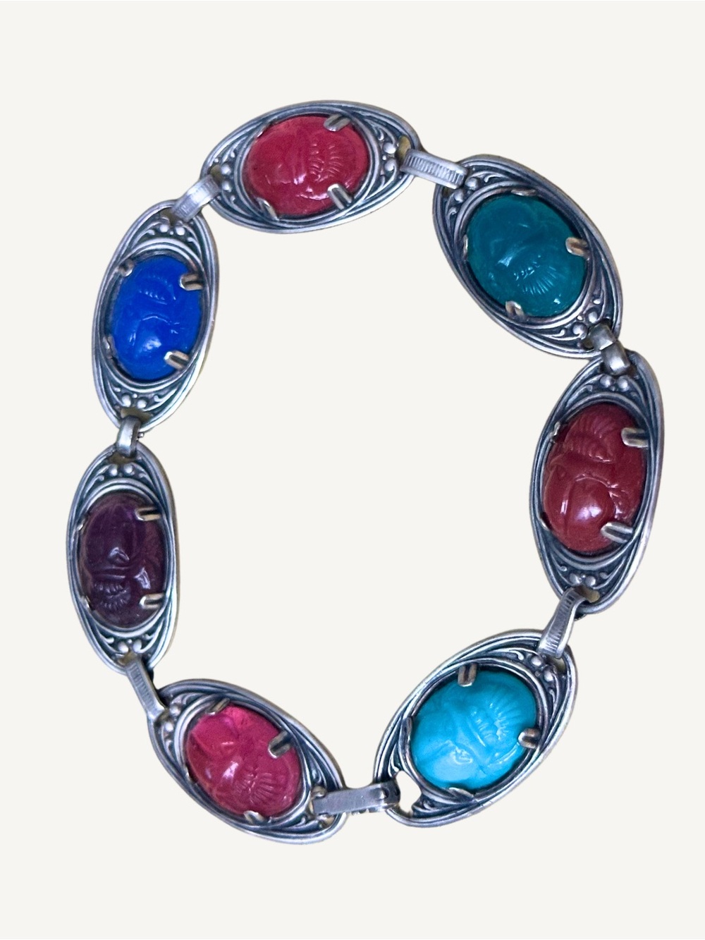 Sterling Silver Scarab Bracelet Vintage 7.5 Inch Egyptian Revival Stones
